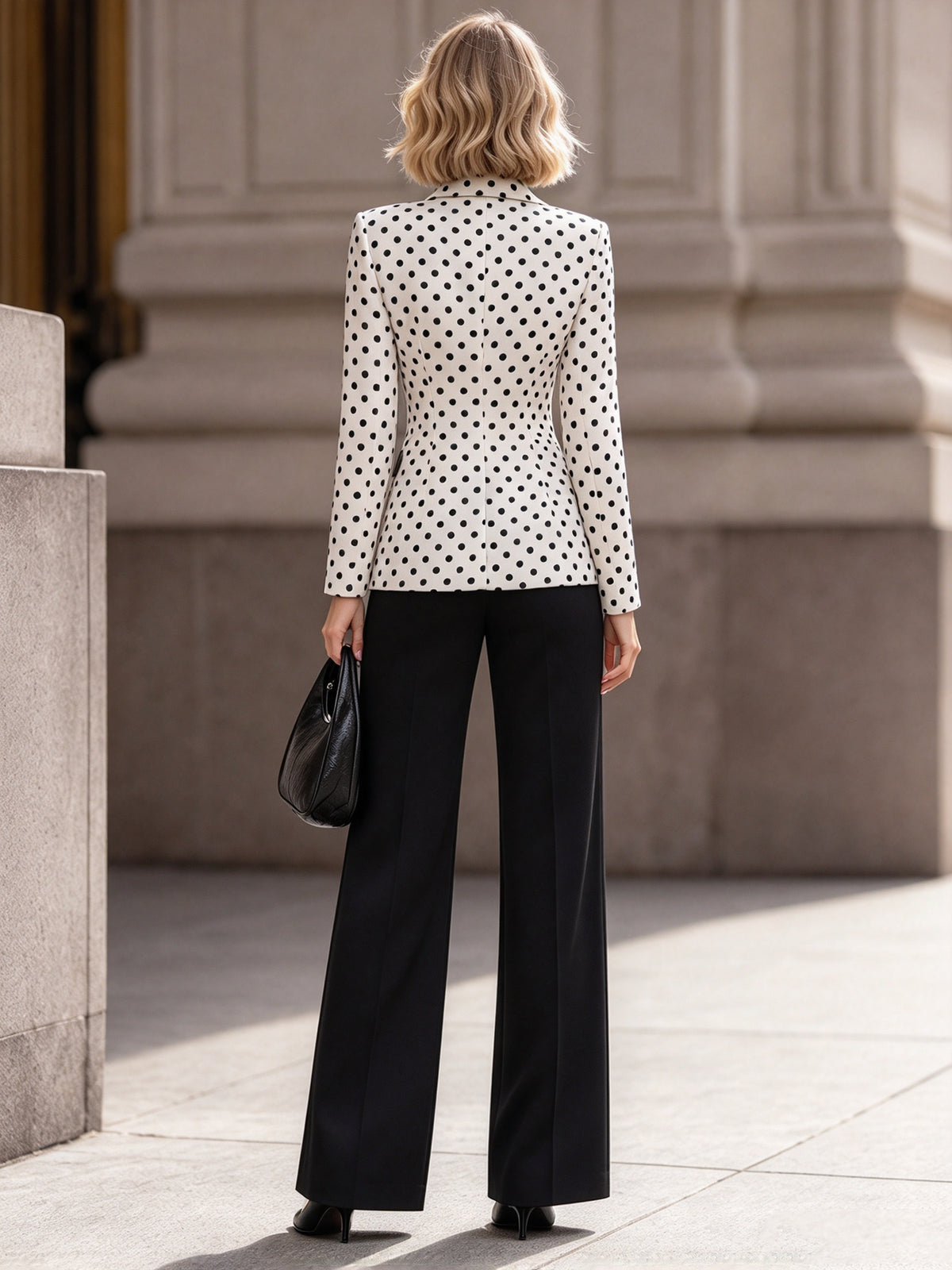 White Polka Dot Notch Lapel Single Button Blazer & Wide Leg Trousers 2-Piece Suit