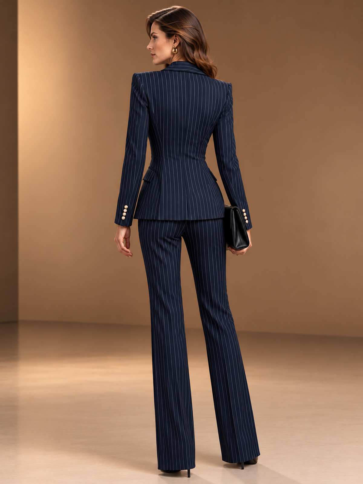 Navy Pinstripe Asymmetrical Blazer And High Waist Wide Leg Pants 2-Piece Suit