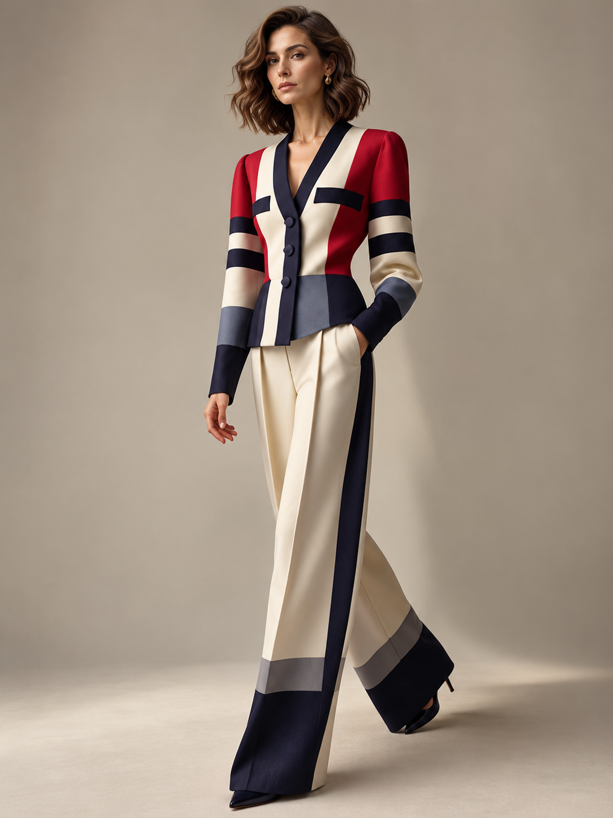 Beige Color Block V Neck Blazer And High Waist Wide Leg Pants 2-Piece Suit
