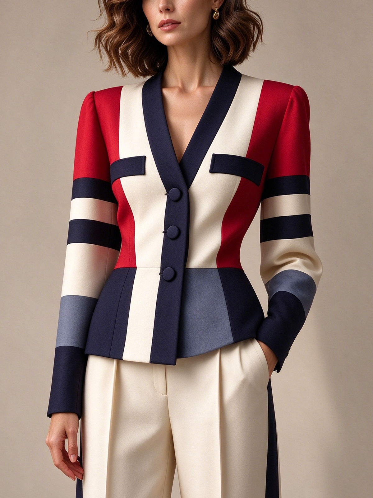 Beige Color Block V Neck Blazer And High Waist Wide Leg Pants 2-Piece Suit