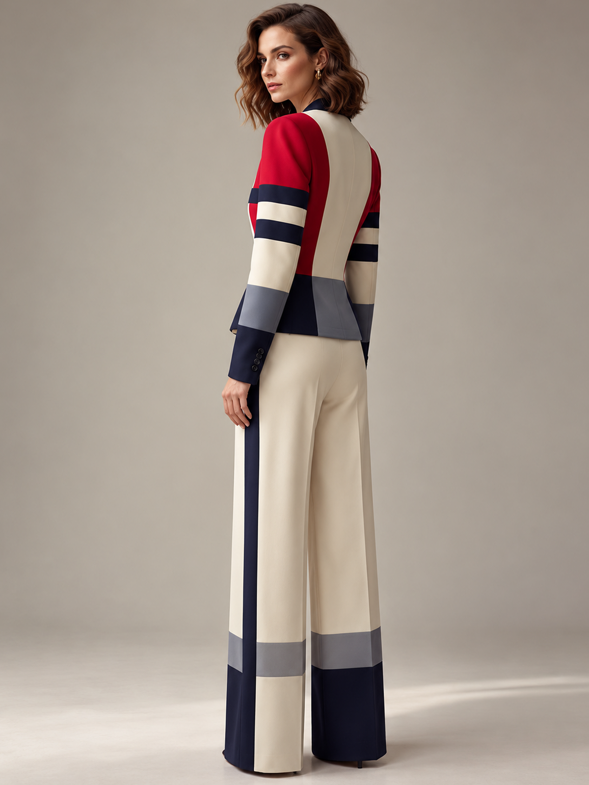 Beige Color Block V Neck Blazer And High Waist Wide Leg Pants 2-Piece Suit