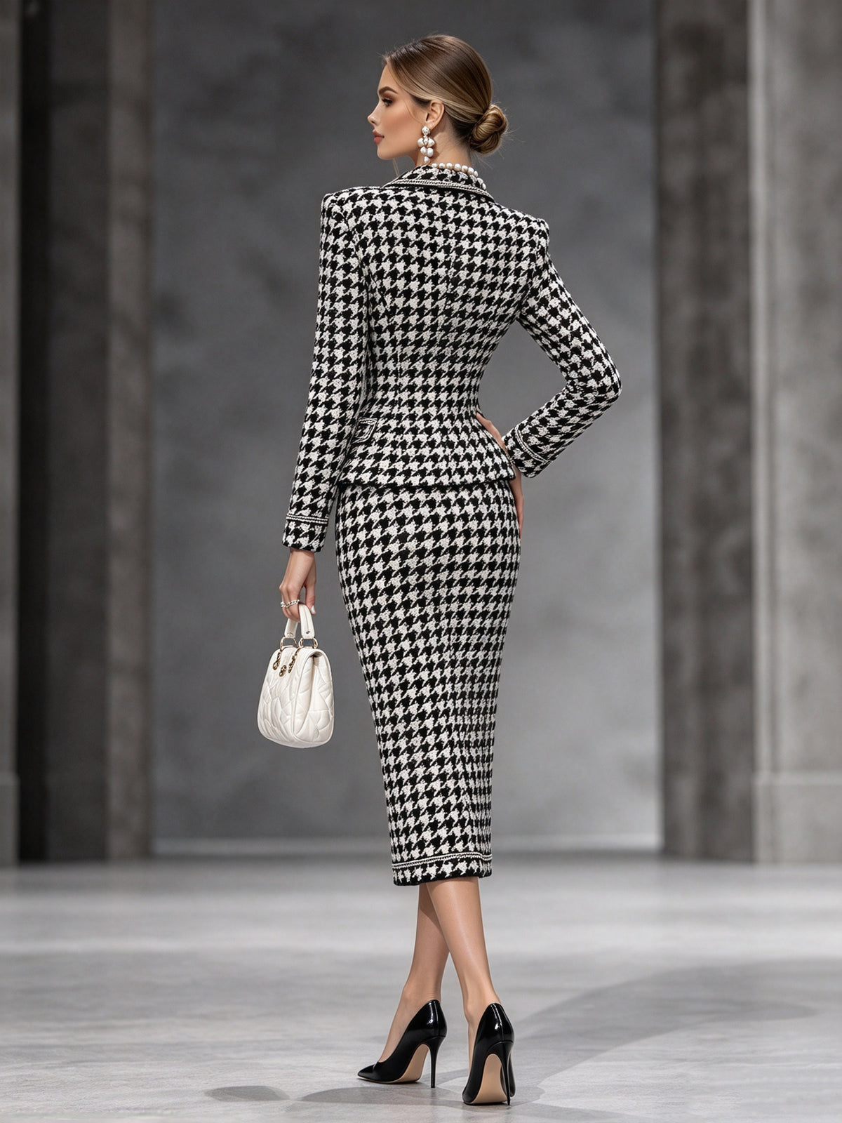 Black White Houndstooth Notch Lapel Multi Button Blazer & Midi Skirt 2-Piece Suit