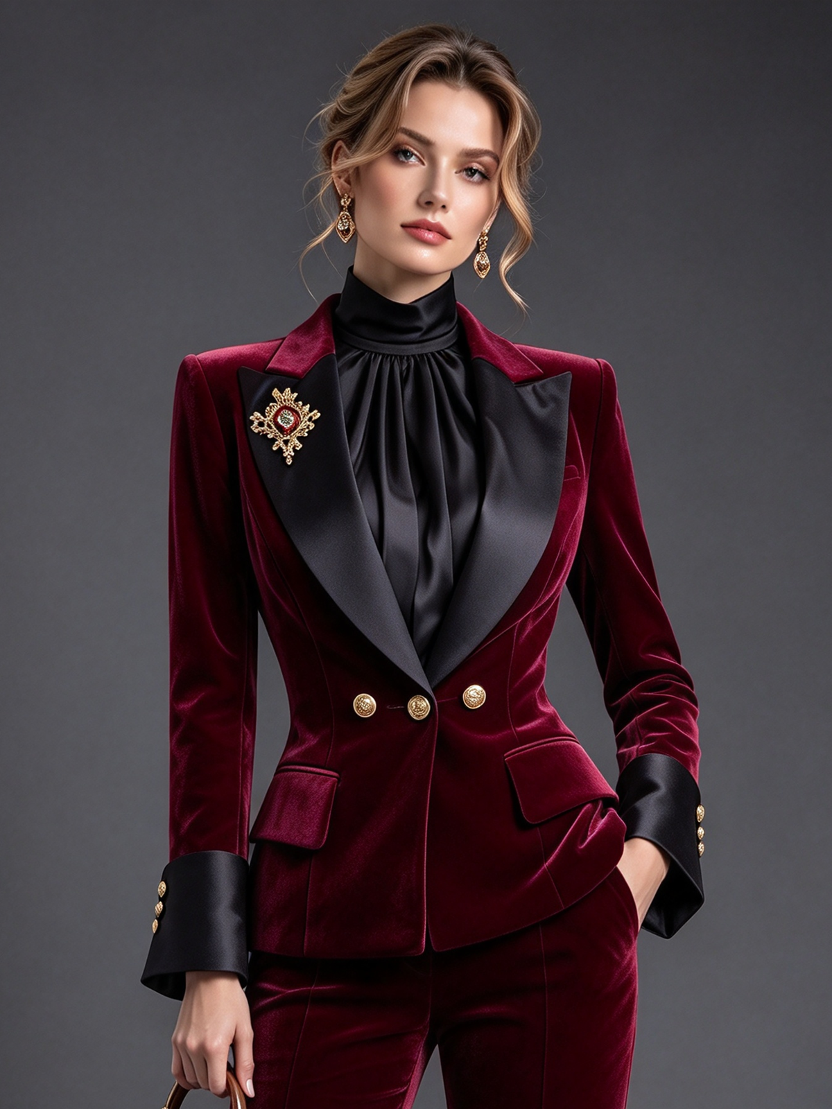 Burgundy Peak Lapel Double Breasted Velvet Blazer & Flare Trousers 2-Piece Suit