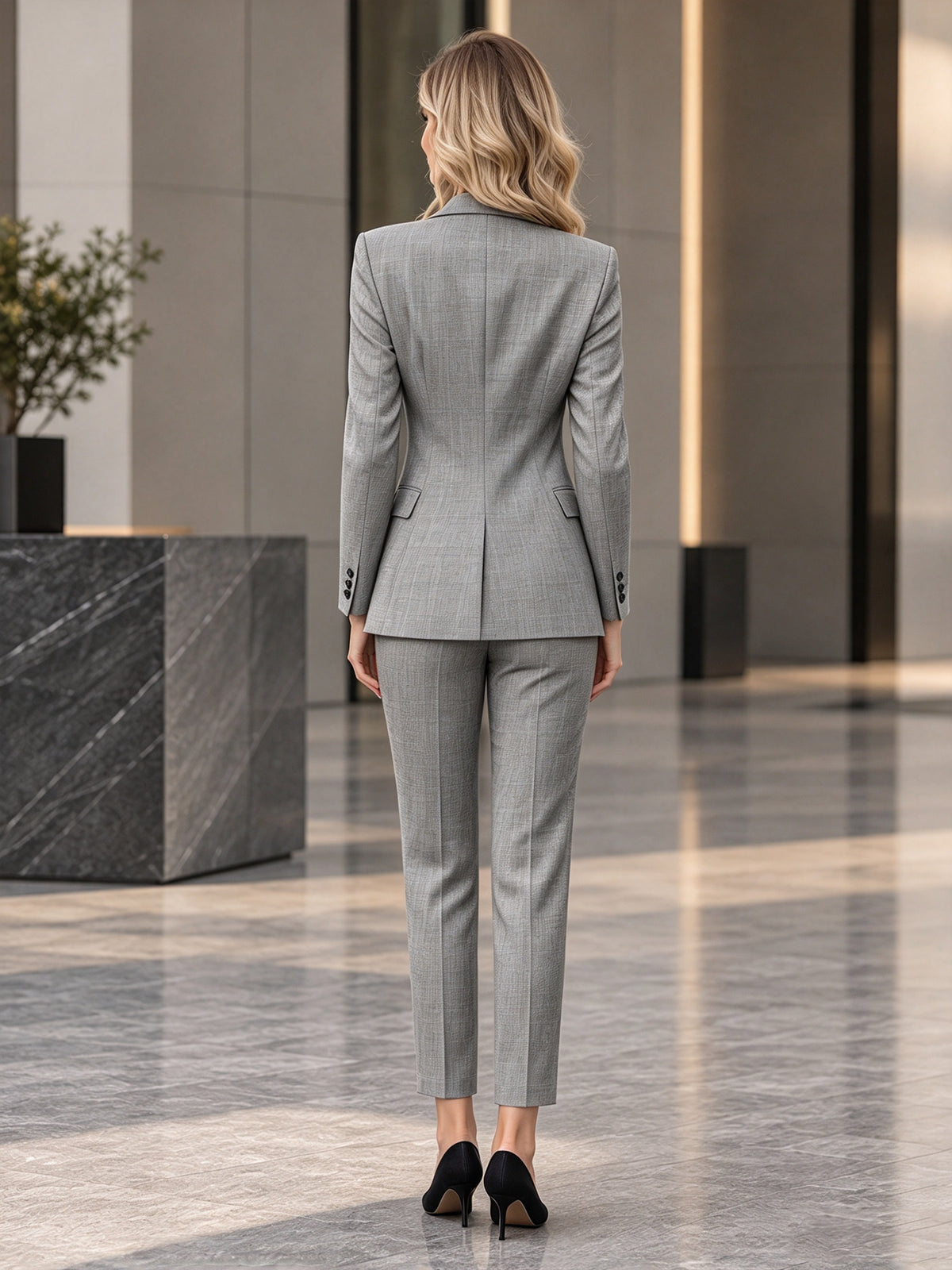 Grey Notch Lapel Single Button Blazer & Cropped Slim Trousers 2-Piece Suit