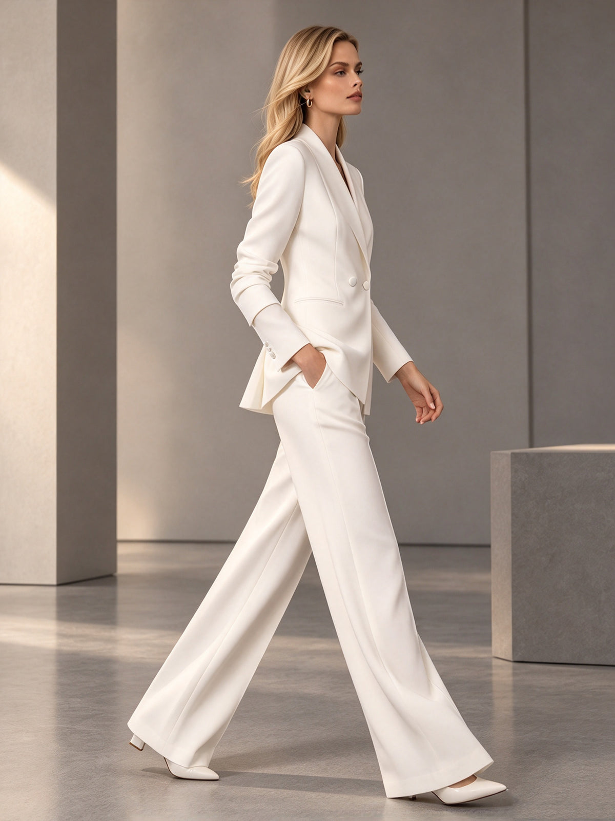 White Double Breasted Blazer & Wide Leg Pants 2-Piece Suit