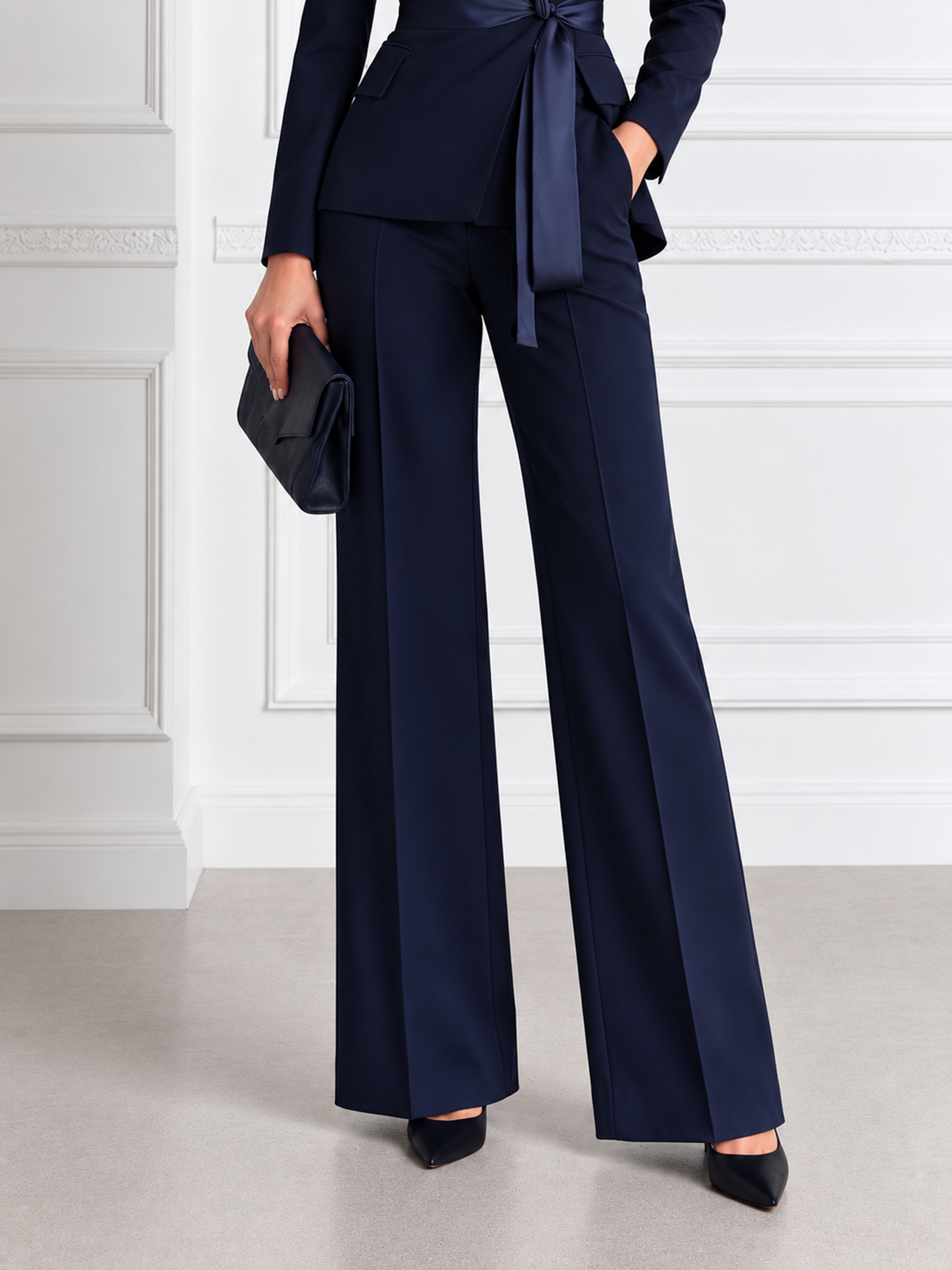 Navy Shawl Lapel Tie Waist Blazer & Wide Leg Trousers 2-Piece Suit