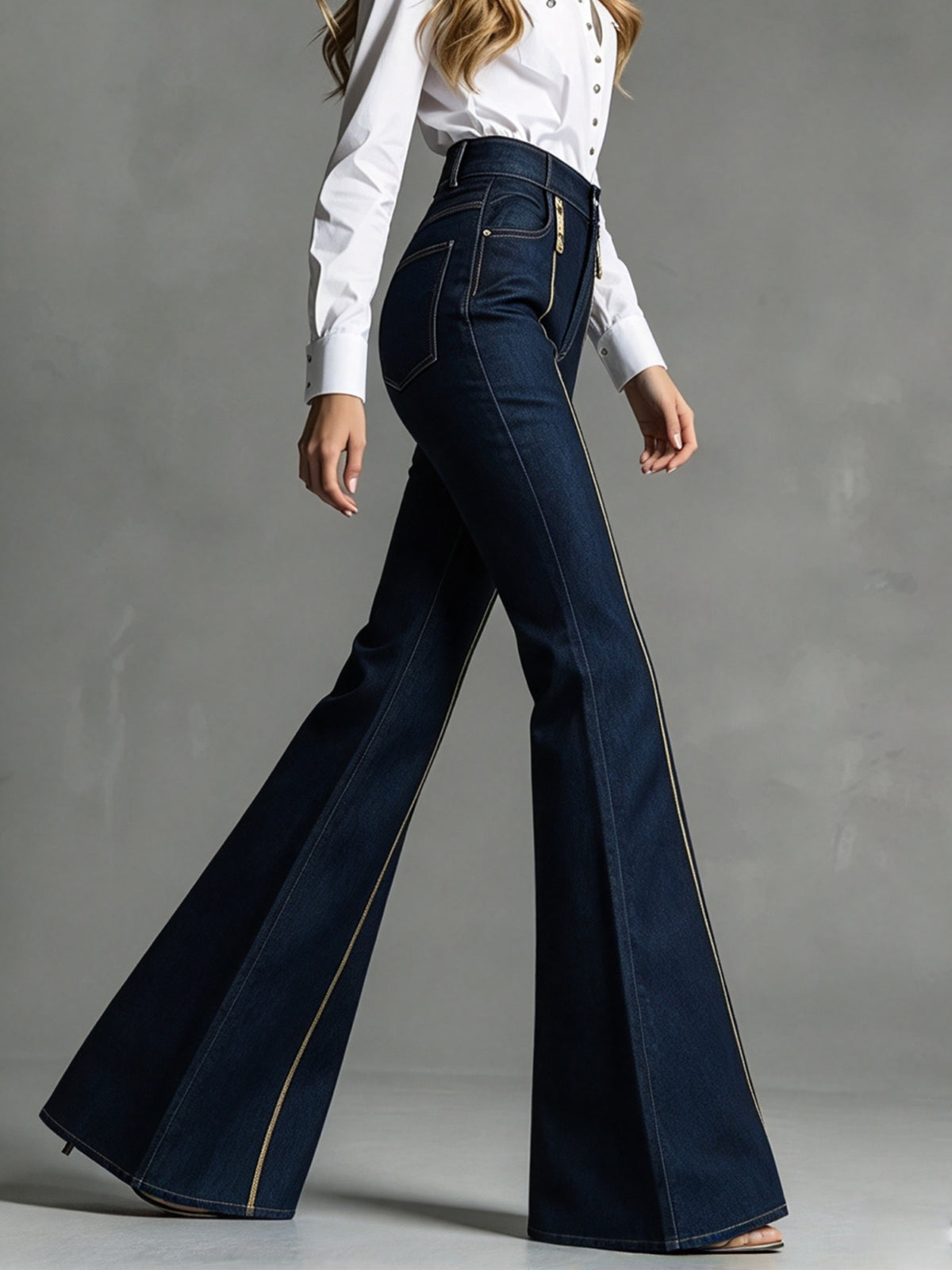 Dark Blue High Waisted Zip Front Slight Flare Pants