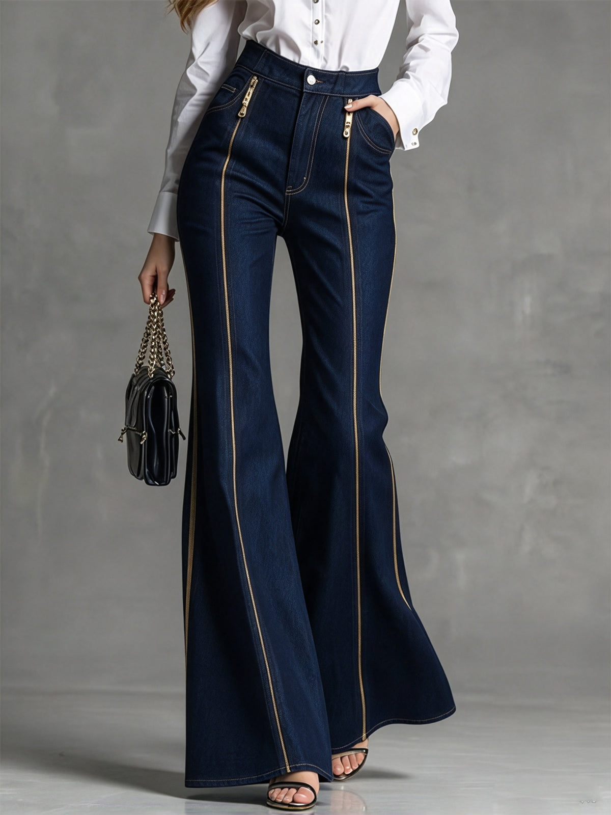 Dark Blue High Waisted Zip Front Slight Flare Pants