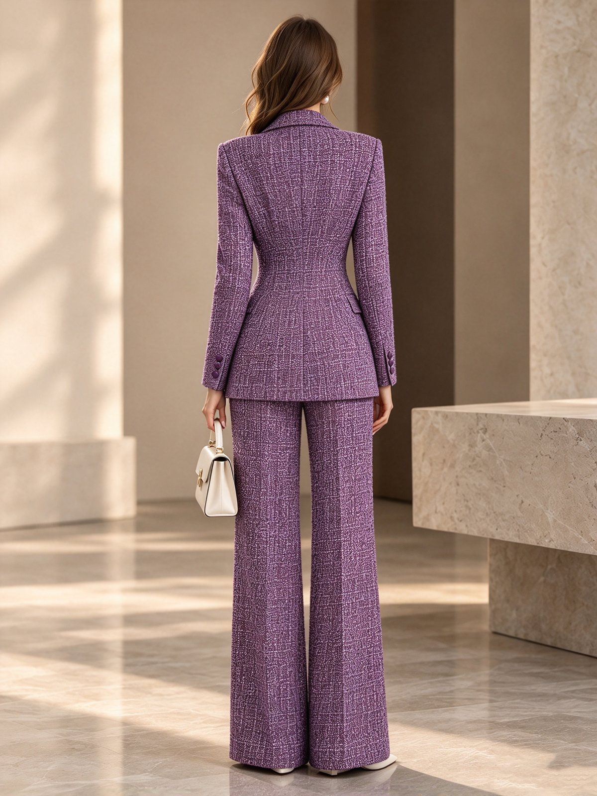 Purple Tweed Notch Lapel Double Breasted Blazer & Wide Leg Trousers 2-Piece Suit