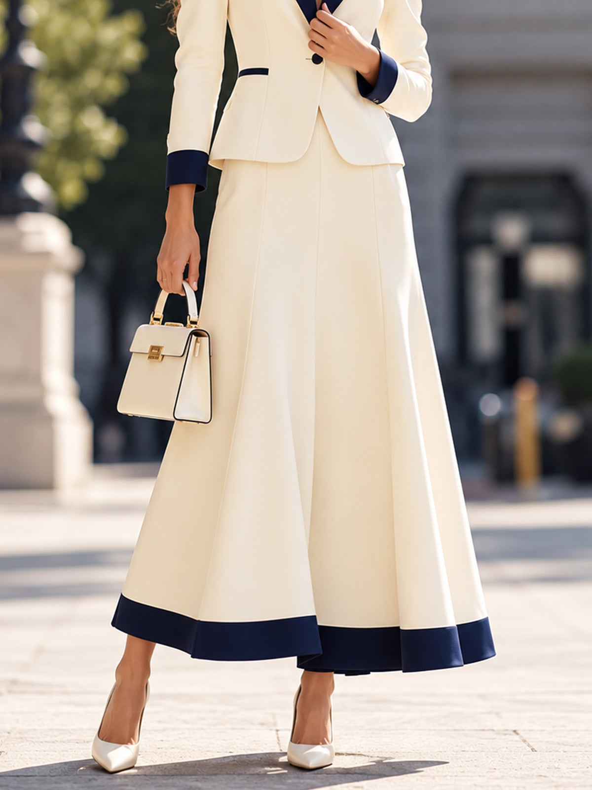 Light Beige And Navy Color Block Blazer Paired With A Skirt 2-Piece Suit