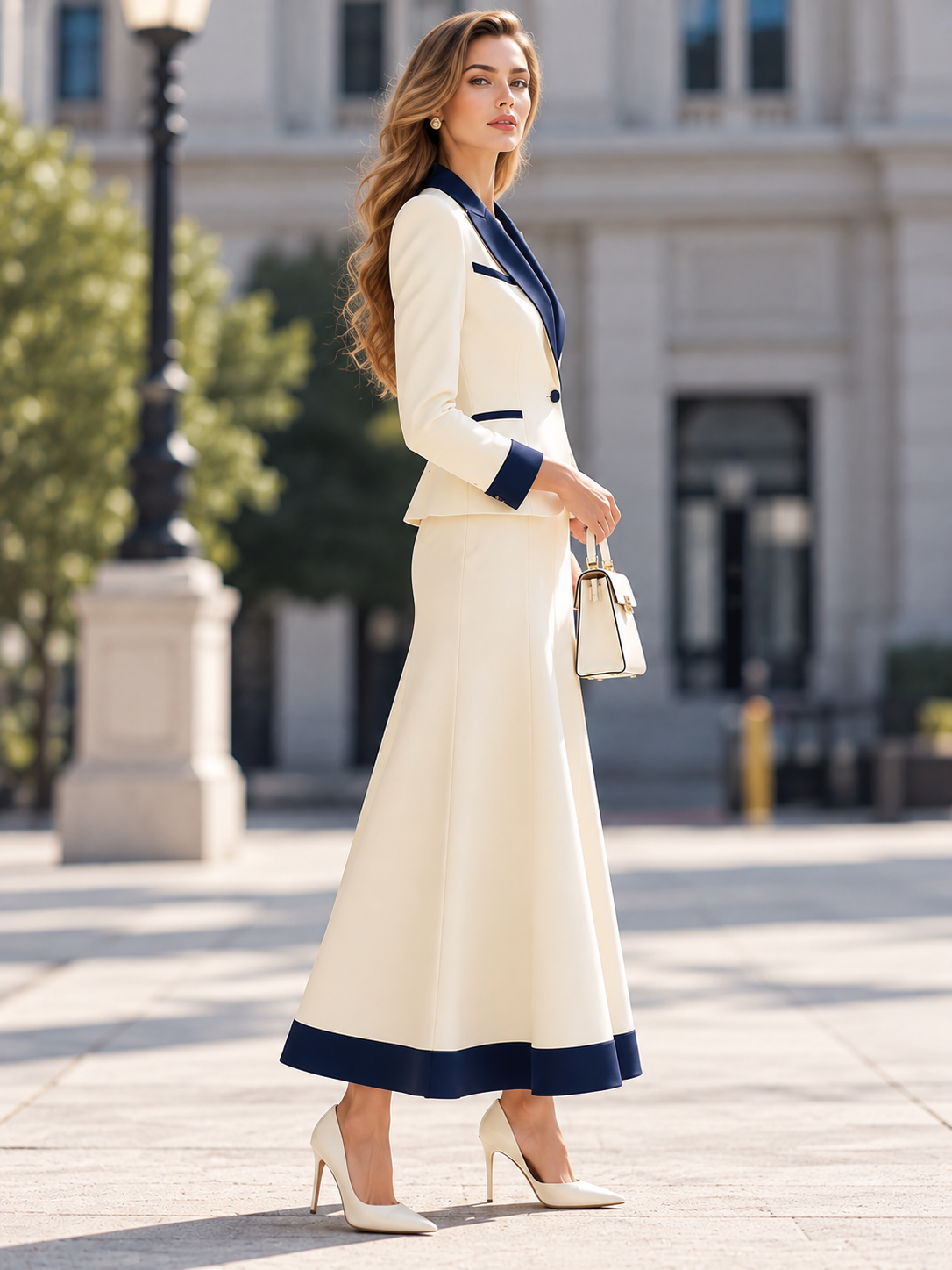 Light Beige And Navy Color Block Blazer Paired With A Skirt 2-Piece Suit