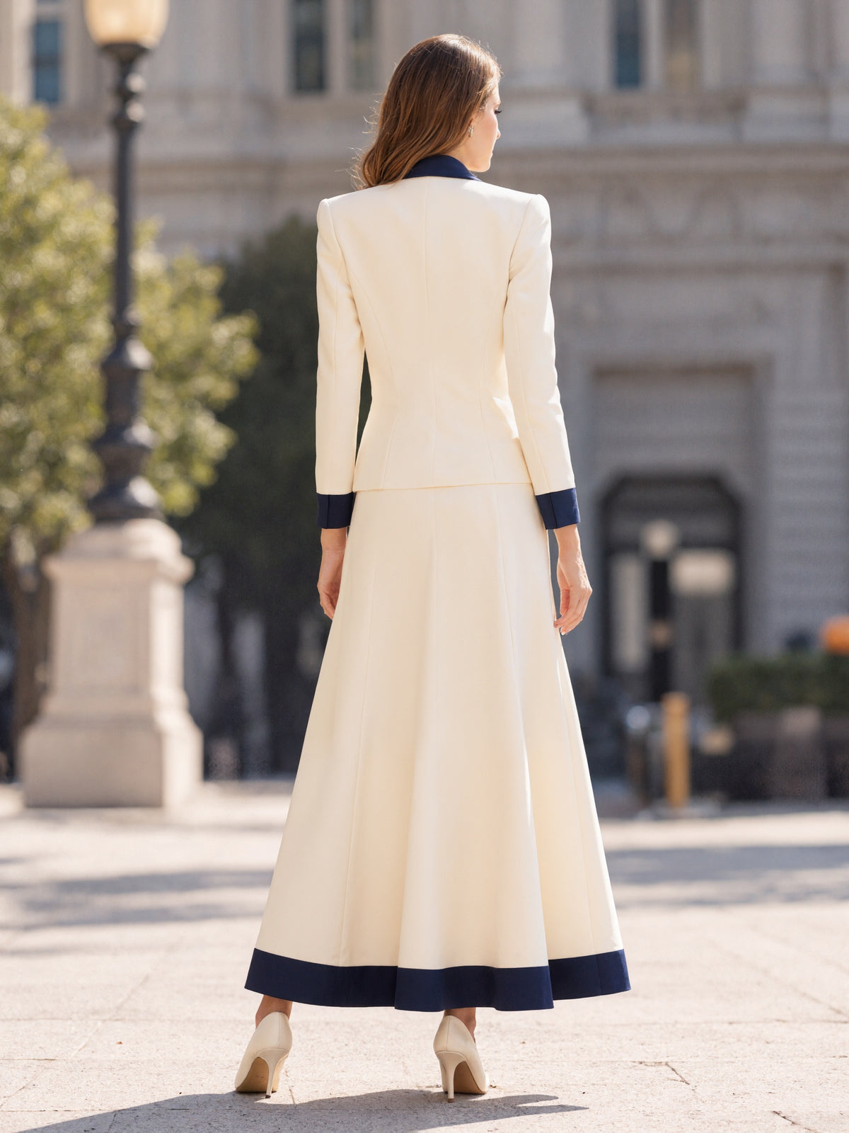 Light Beige And Navy Color Block Blazer Paired With A Skirt 2-Piece Suit