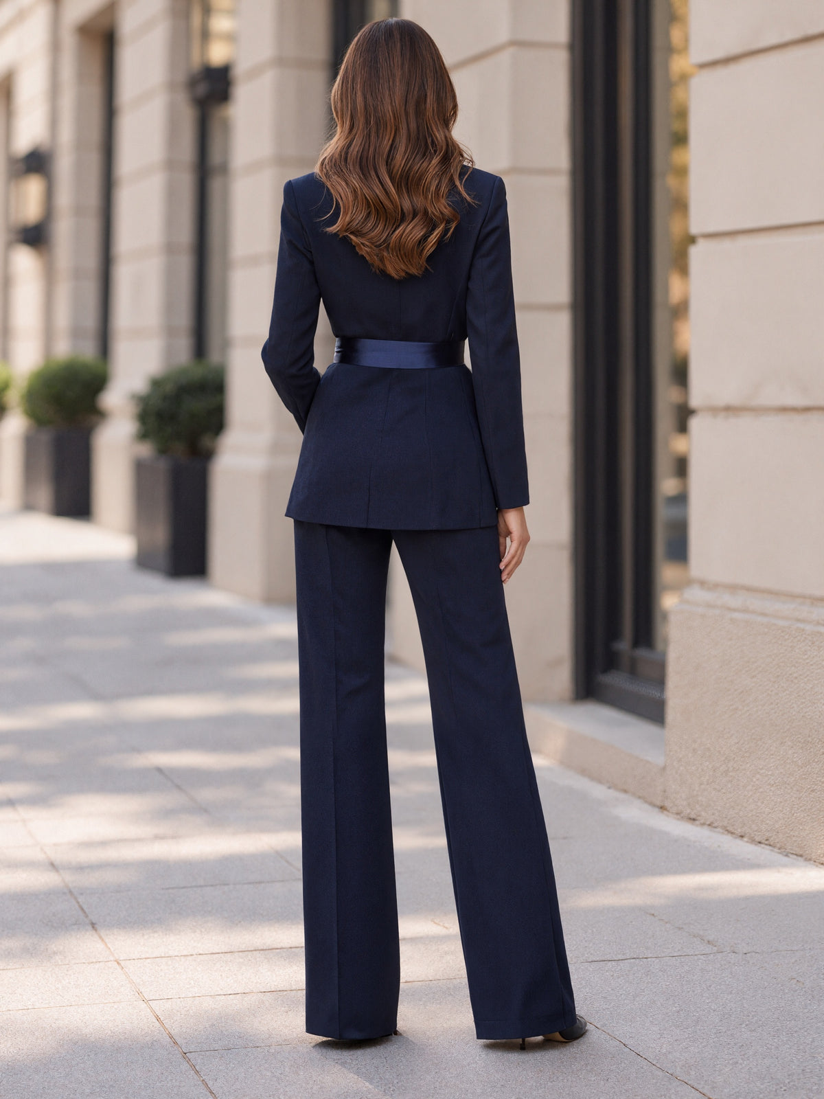 Navy Blue Satin Collar Fitted Blazer And Wide Leg Pants 2-Piece Suit