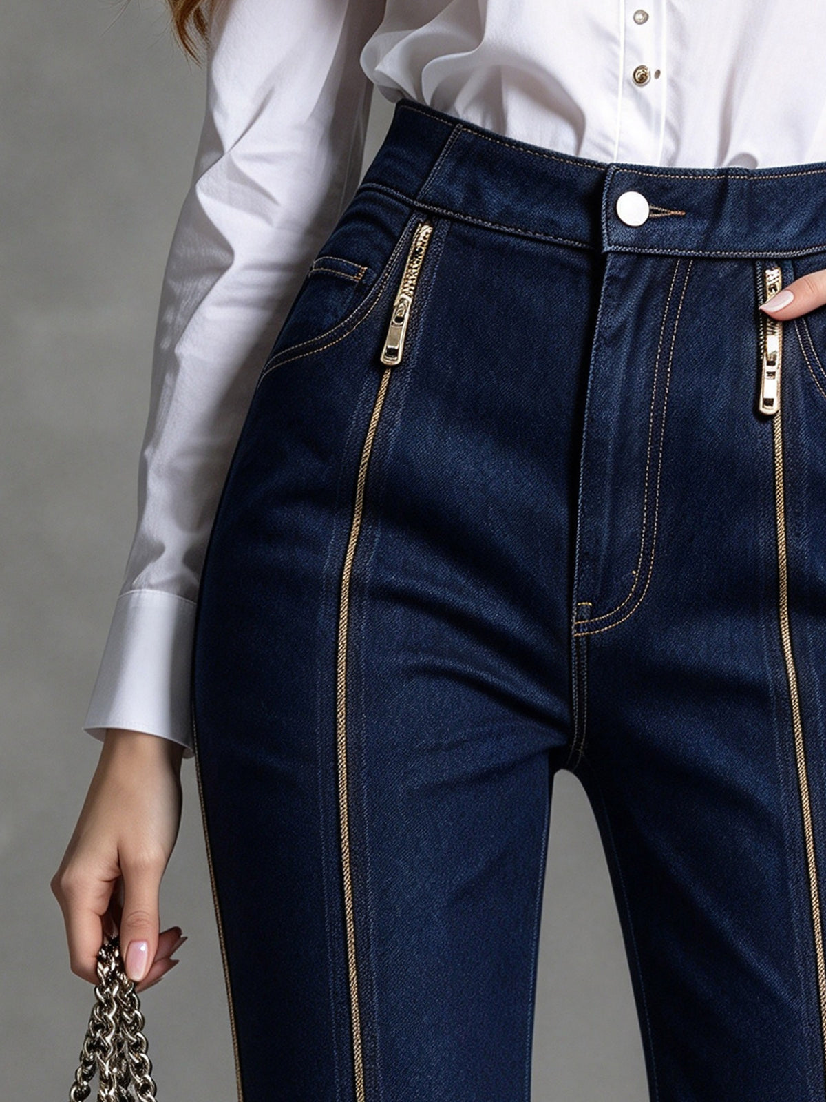 Dark Blue High Waisted Zip Front Slight Flare Pants
