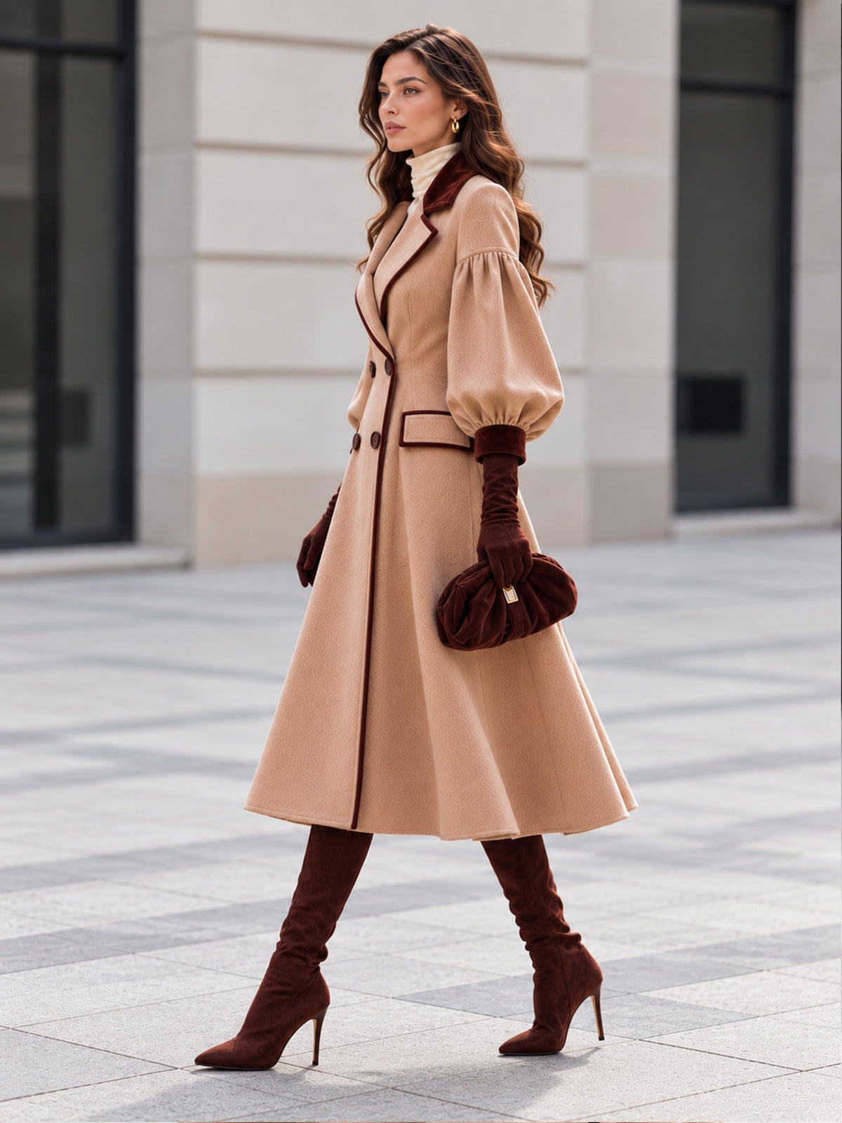 Khaki Wool Notched Lapel Lantern Sleeve Double-Breasted Long Coat