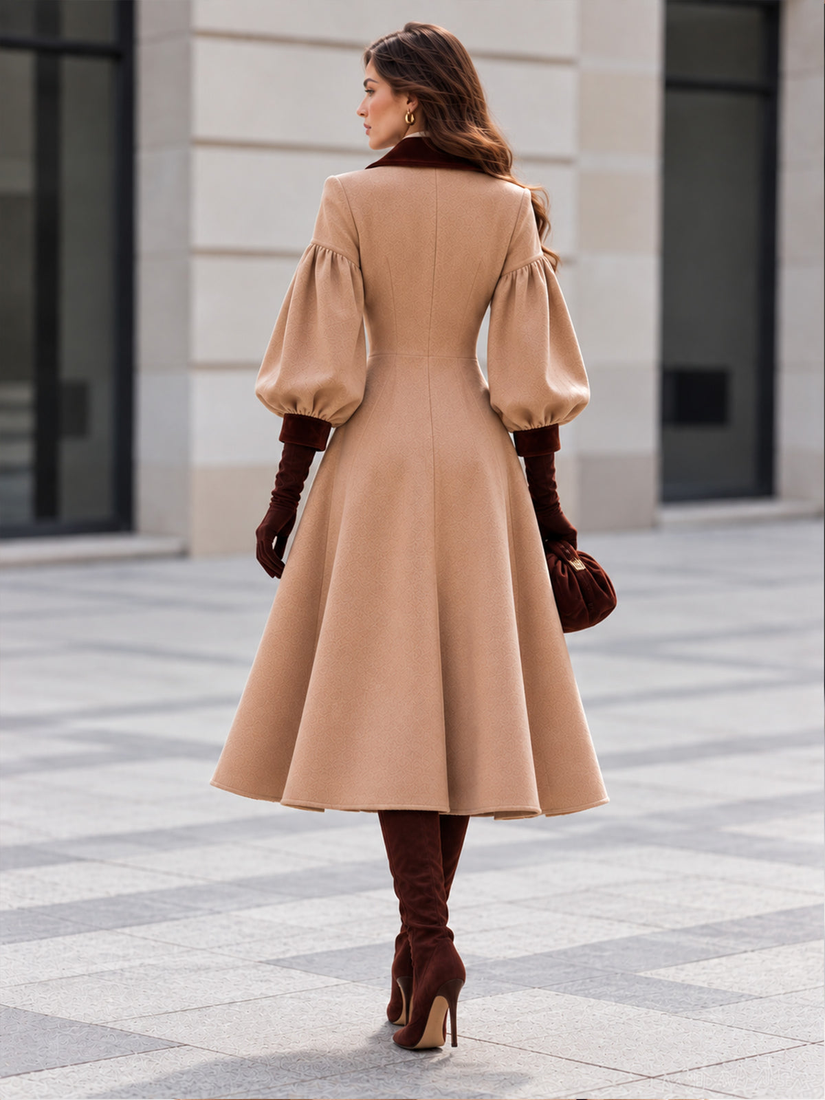Khaki Wool Notched Lapel Lantern Sleeve Double-Breasted Long Coat