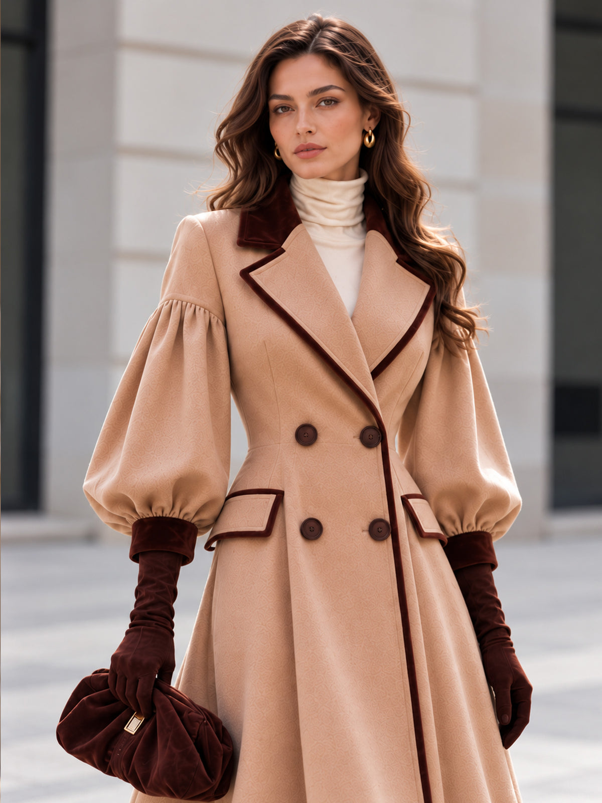 Khaki Wool Notched Lapel Lantern Sleeve Double-Breasted Long Coat