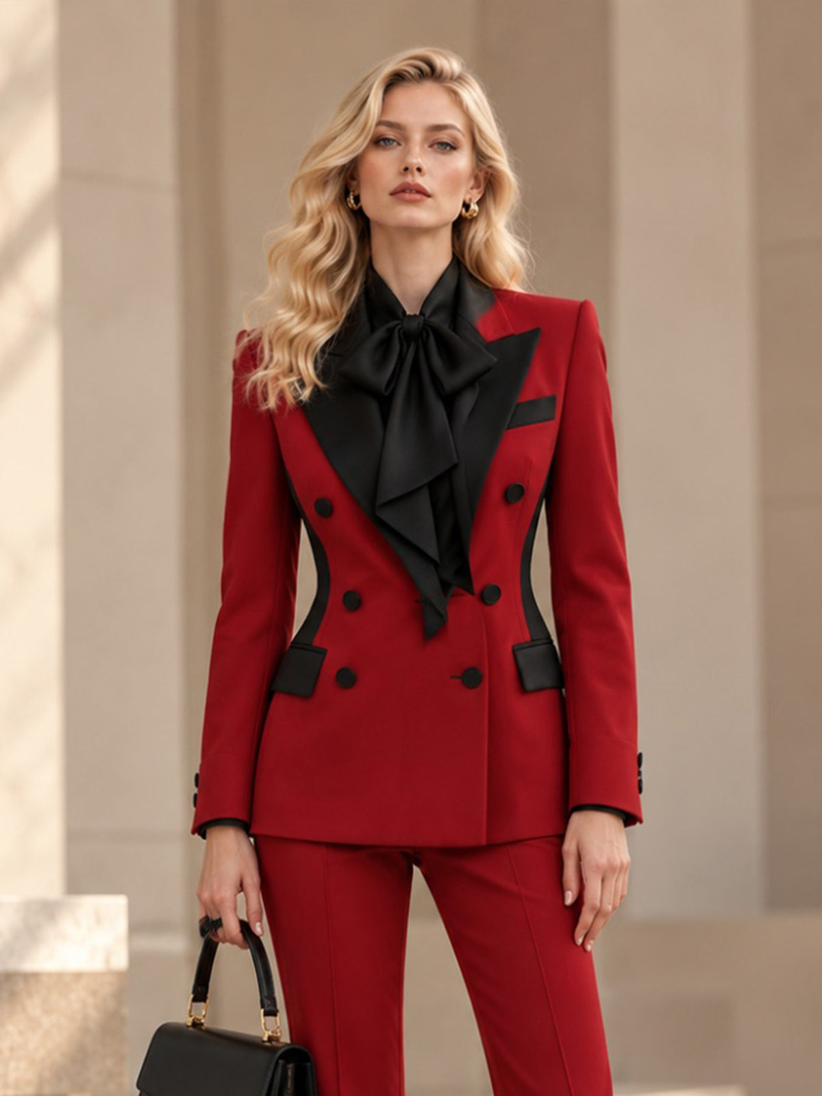 Red Color Block Peak Lapel Blazer & Flared Pants 2-Piece Suit