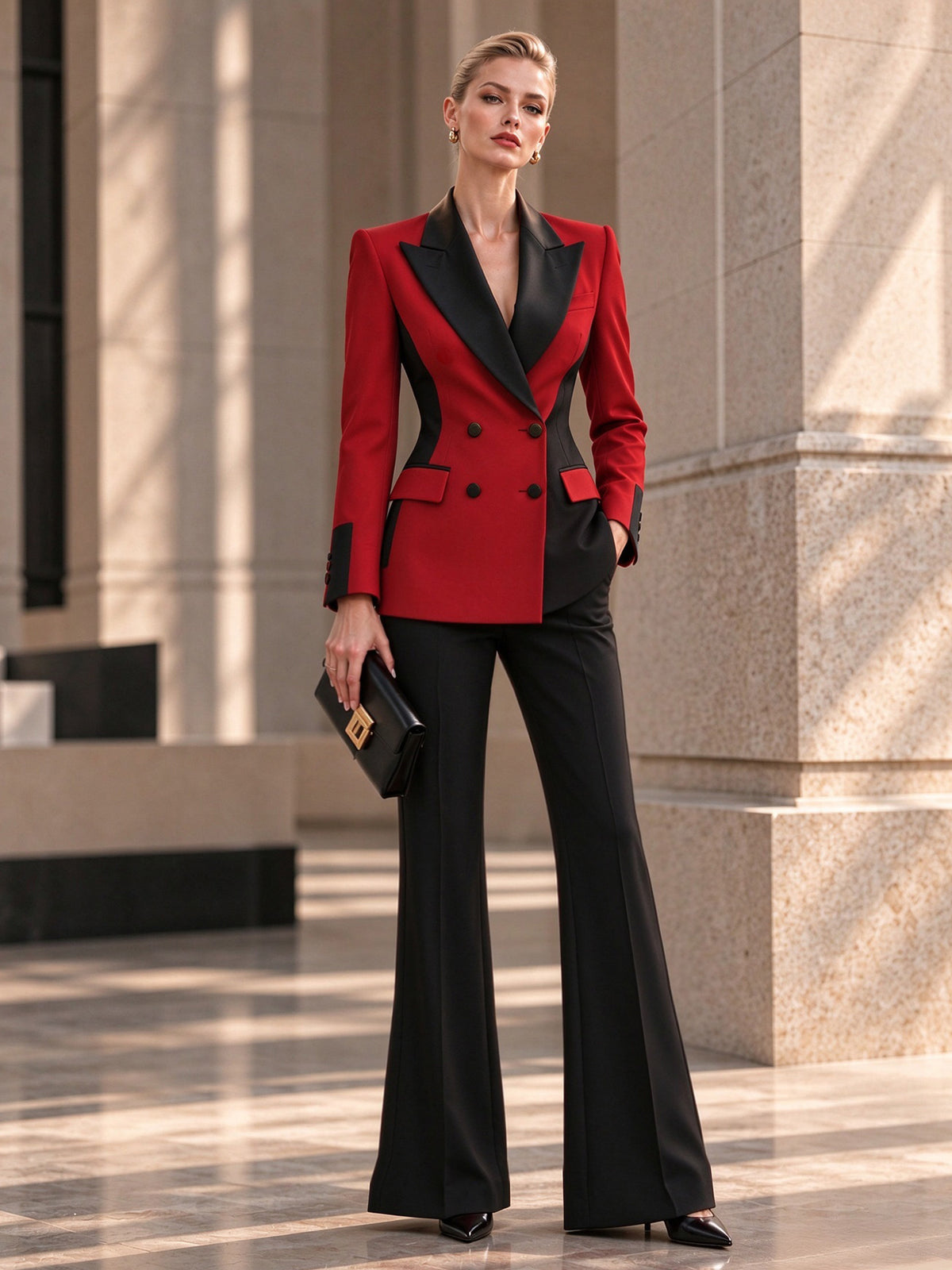 Red Black Color Block Blazer & Black Flared Pants 2-Piece Suit