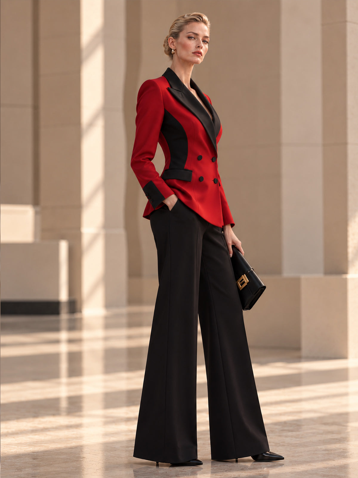 Red Black Color Block Blazer & Black Flared Pants 2-Piece Suit