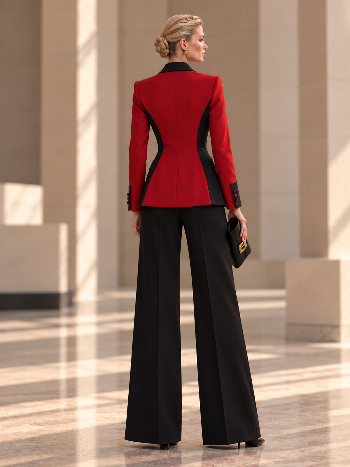 Red Black Color Block Blazer & Black Flared Pants 2-Piece Suit