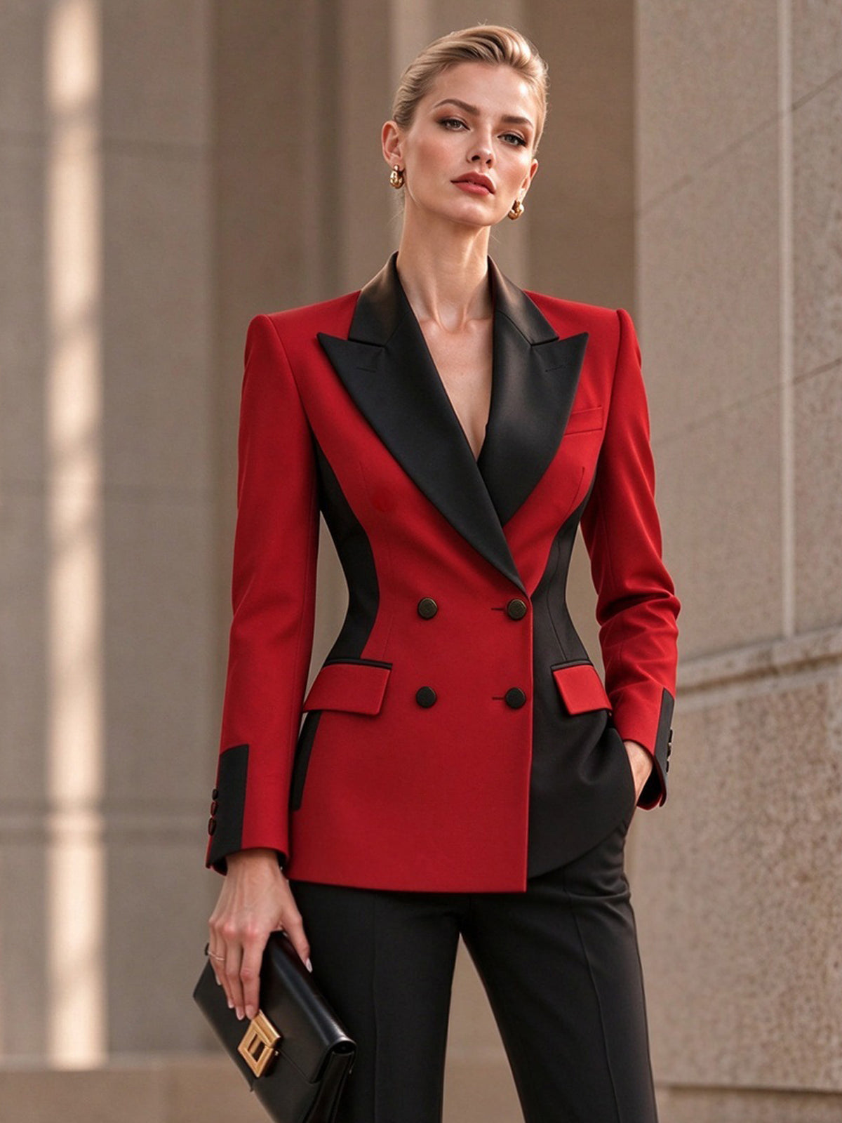 Red Black Color Block Blazer & Black Flared Pants 2-Piece Suit
