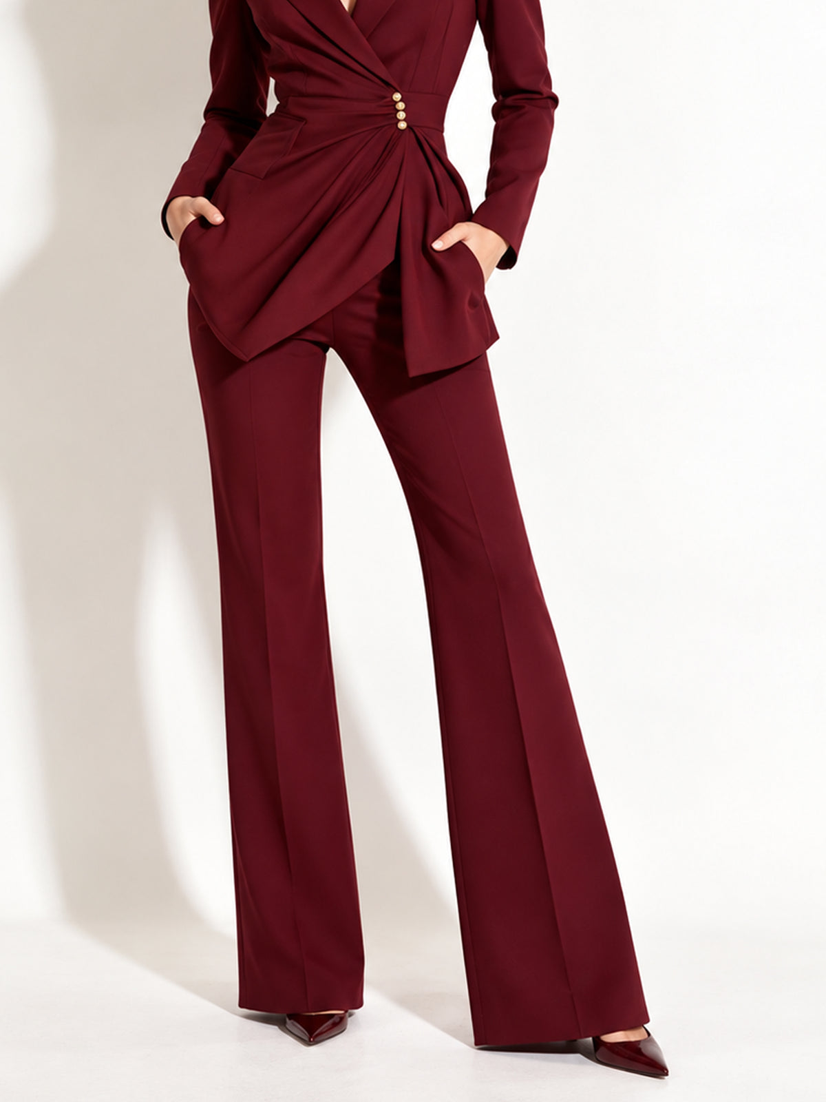 Burgundy Single Breasted Blazer With Peak Lapels And Flared Pants 2-Piece Suit