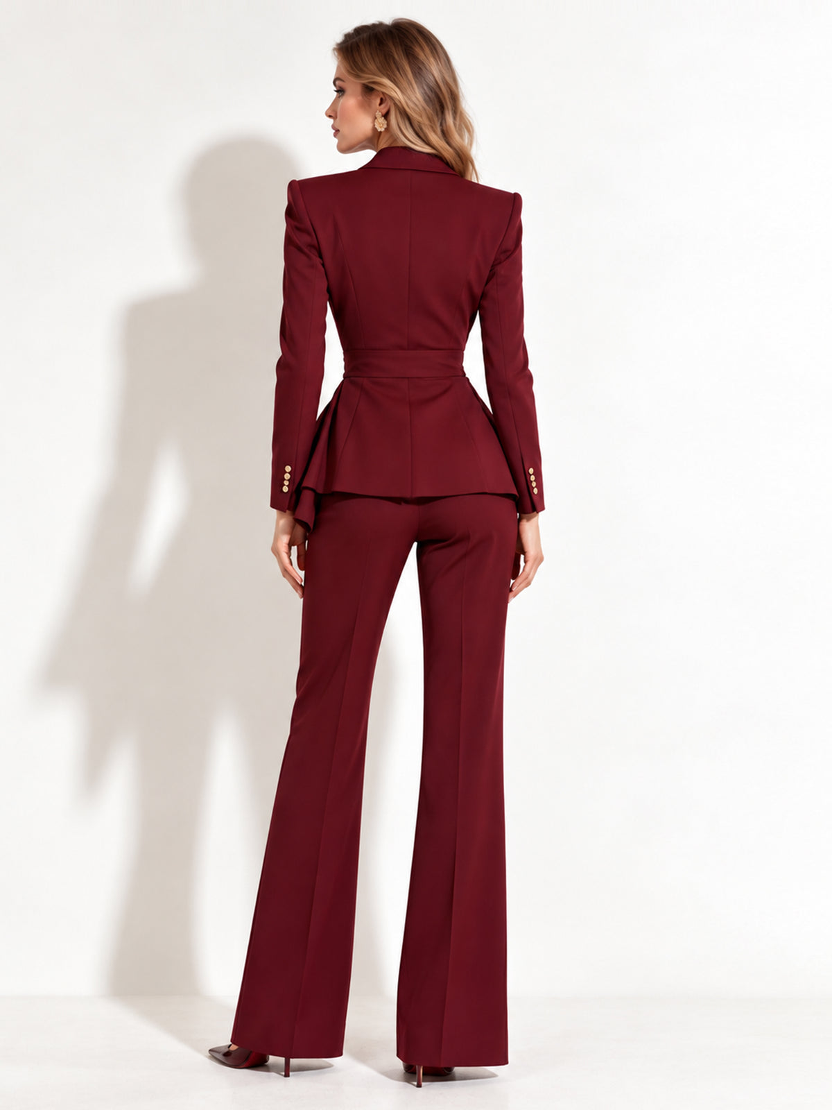Burgundy Single Breasted Blazer With Peak Lapels And Flared Pants 2-Piece Suit