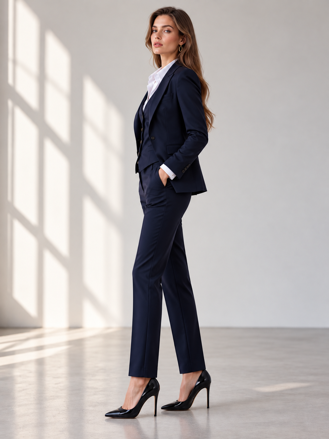 Dark Blue Peak Lapel Blazer & Vast And Cropped Pants 3-Piece Suit