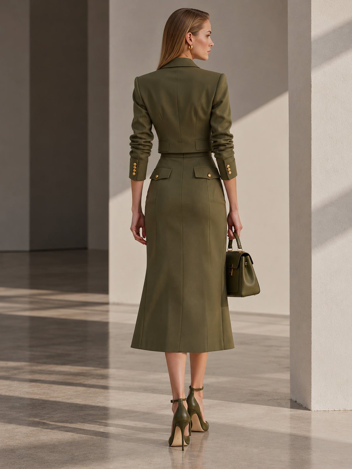 Army Green Short Blazer & Single Button Midi Skirt 2-Piece Suit