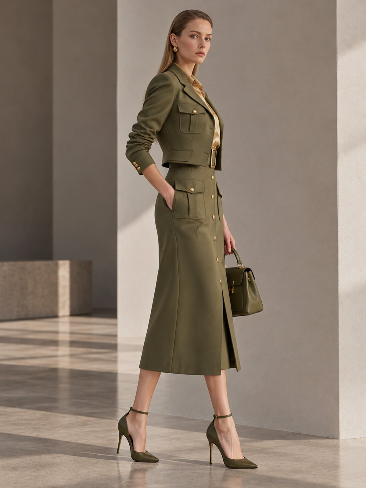 Army Green Short Blazer & Single Button Midi Skirt 2-Piece Suit