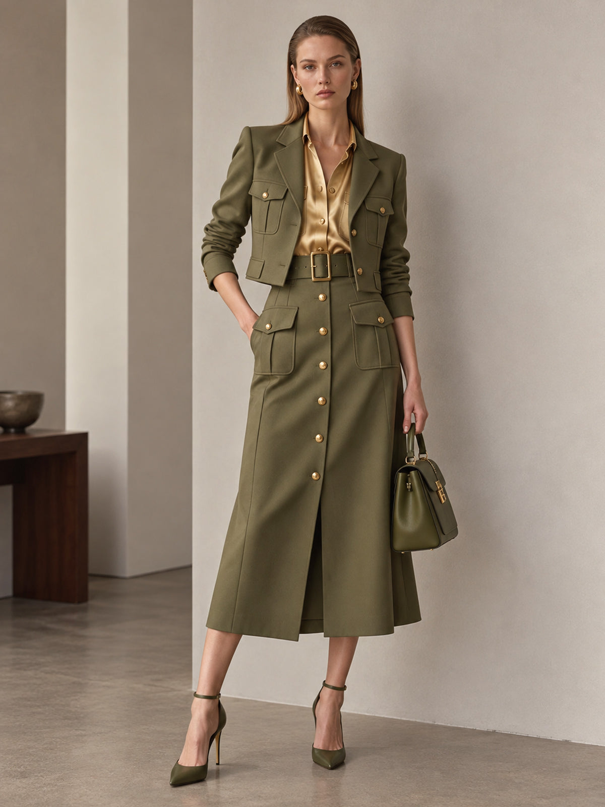 Army Green Short Blazer & Single Button Midi Skirt 2-Piece Suit