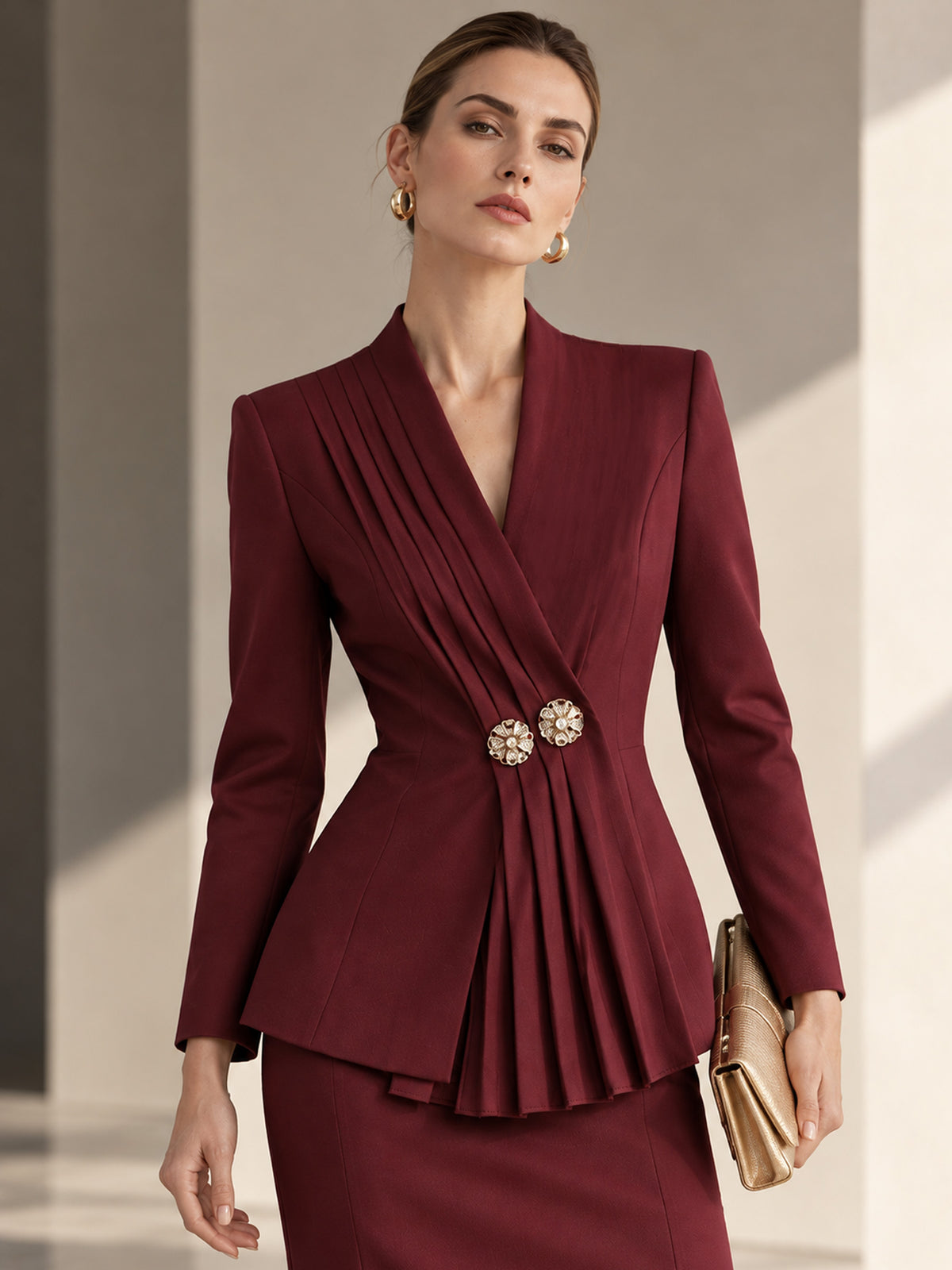 Pleated Placket Blazer & Bodycon Midi Skirt 2-Piece Suit