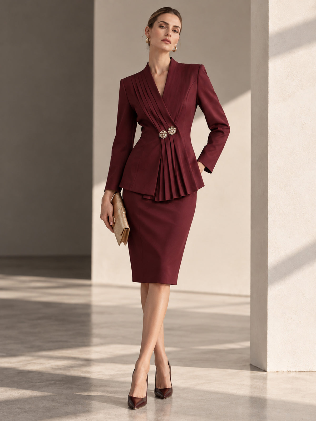 Pleated Placket Blazer & Bodycon Midi Skirt 2-Piece Suit