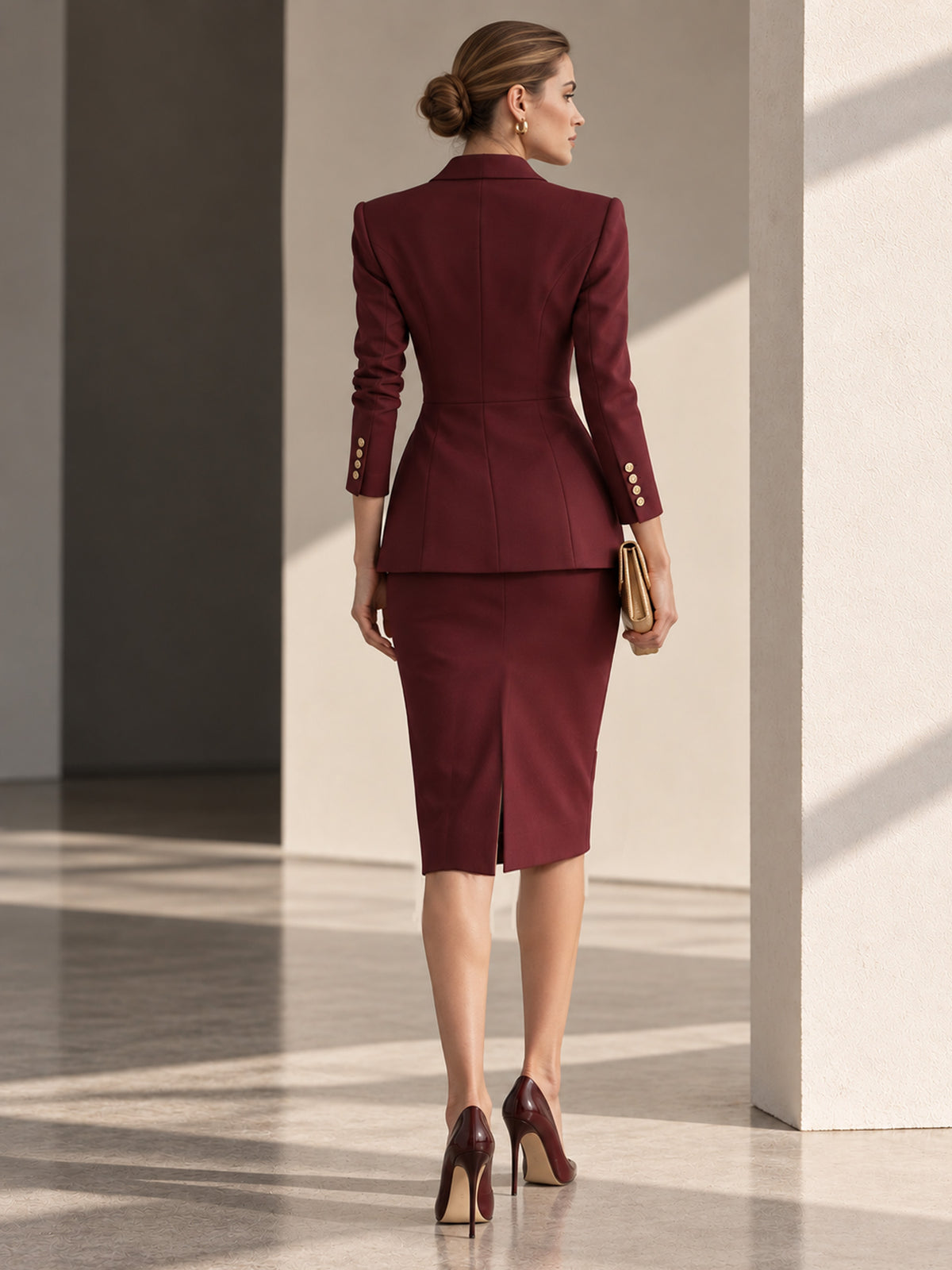 Pleated Placket Blazer & Bodycon Midi Skirt 2-Piece Suit