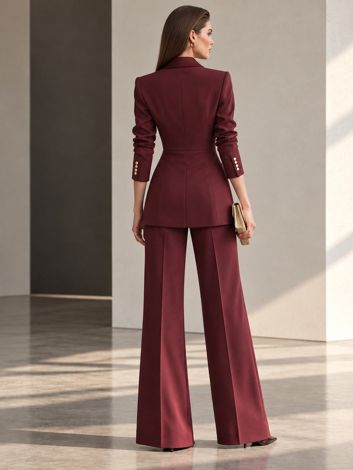 Burgundy Banded Blazer & Wide Leg Pants 2-Piece Suit
