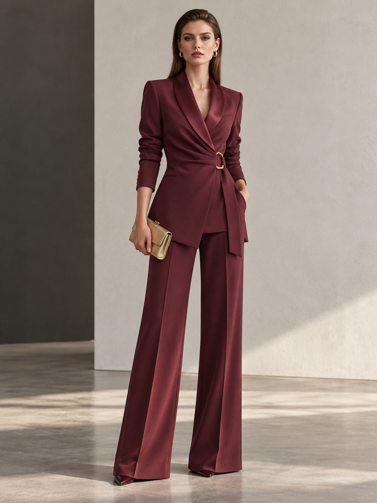 Burgundy Banded Blazer & Wide Leg Pants 2-Piece Suit