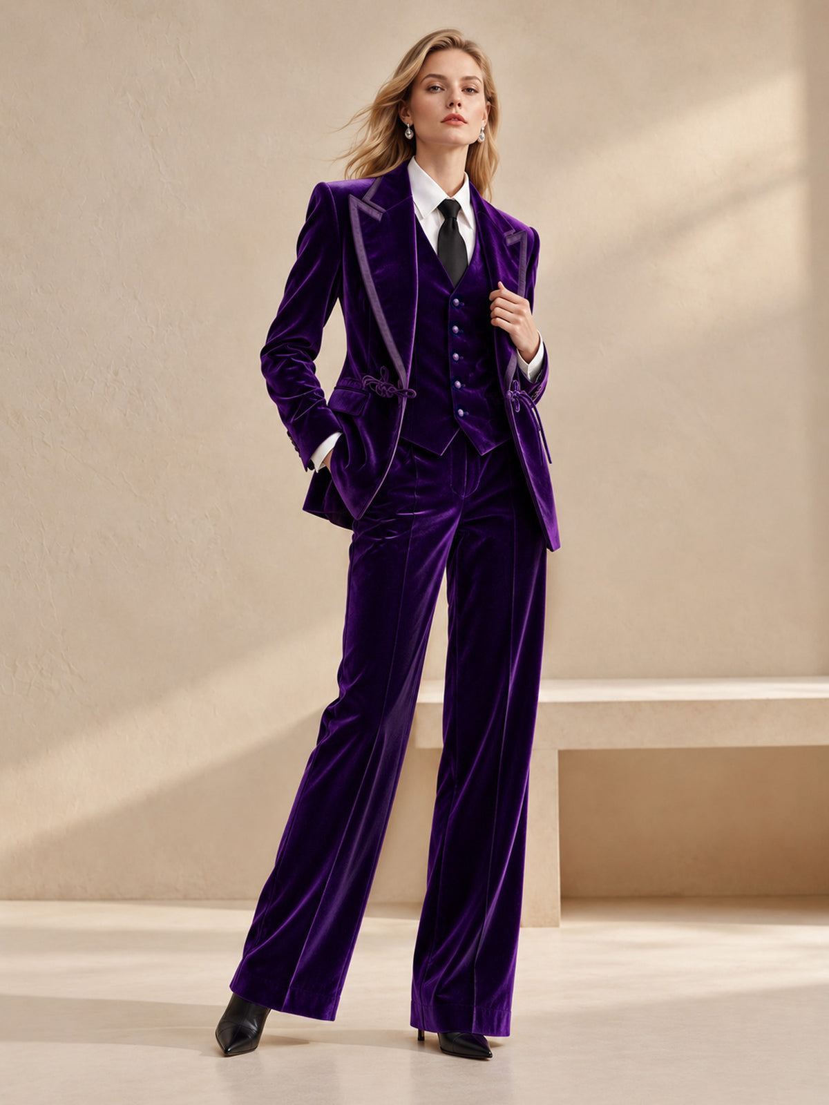 Purple Velvet Piped Blazer Vest & Straight Leg Pants 3-Piece Suit