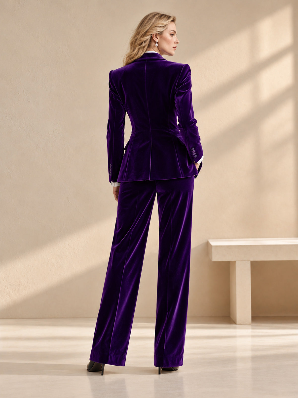 Purple Velvet Piped Blazer Vest & Straight Leg Pants 3-Piece Suit