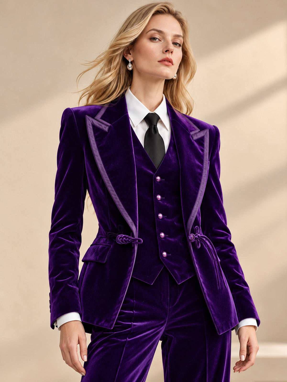 Purple Velvet Piped Blazer Vest & Straight Leg Pants 3-Piece Suit