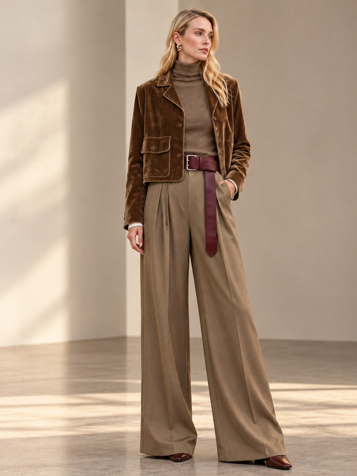 Velvet Large Pocket Cropped Blazer & Wide Leg Pants 2-Piece Suit