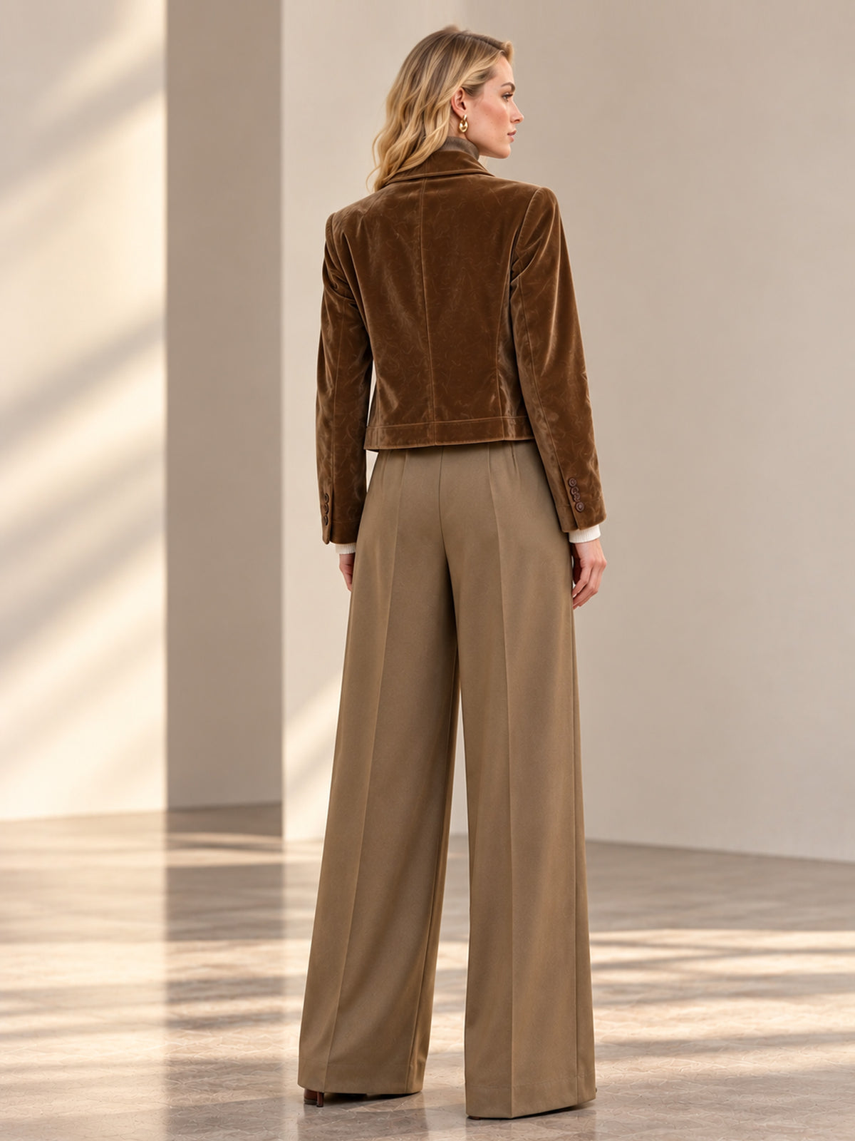 Velvet Large Pocket Cropped Blazer & Wide Leg Pants 2-Piece Suit