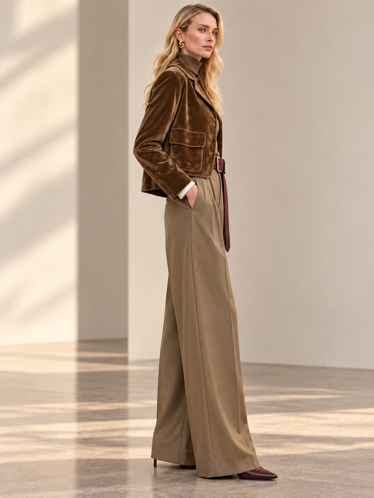 Velvet Large Pocket Cropped Blazer & Wide Leg Pants 2-Piece Suit