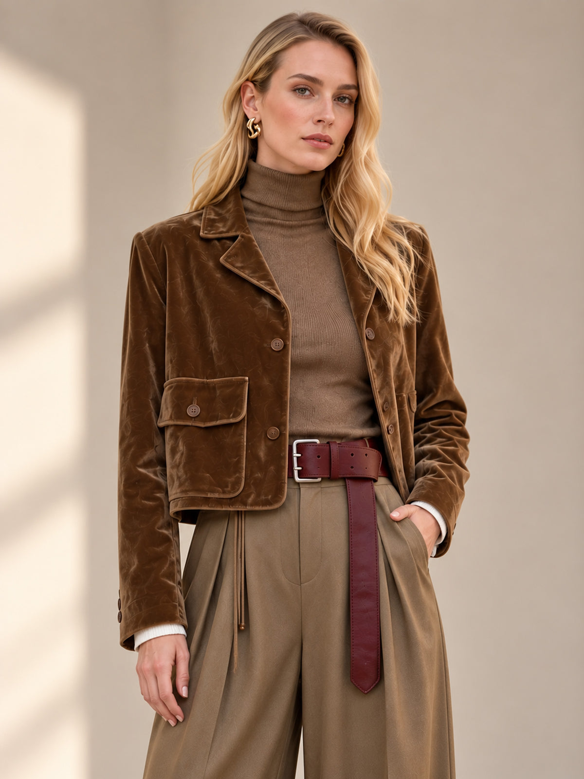 Velvet Large Pocket Cropped Blazer & Wide Leg Pants 2-Piece Suit
