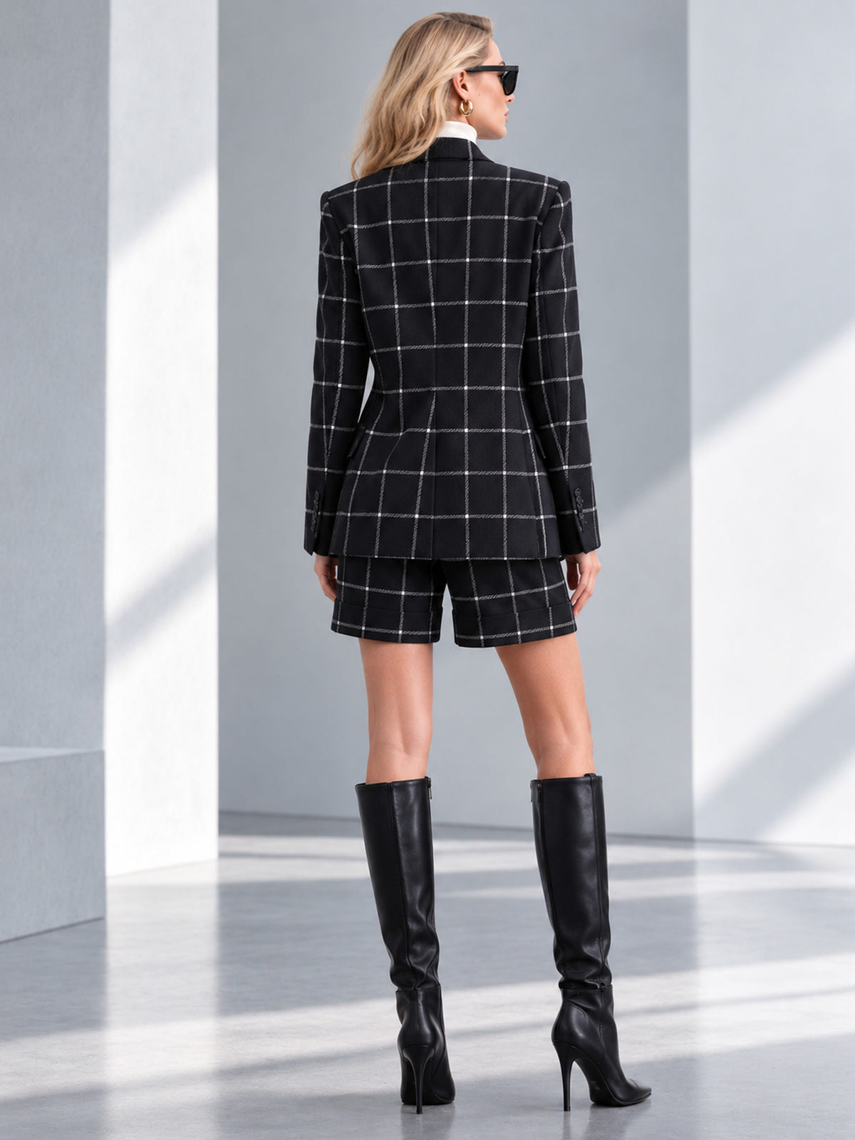 Blue White Plaid Blazer, Dark Grey Vest & Plaid Shorts 3-Piece Suit