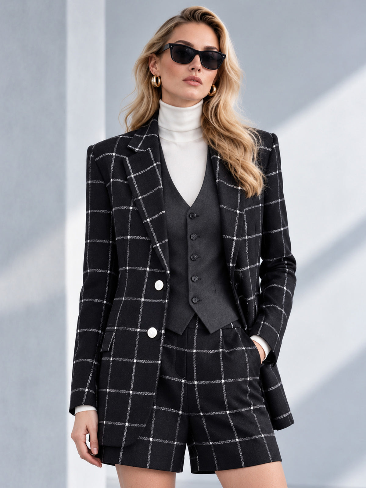 Blue White Plaid Blazer, Dark Grey Vest & Plaid Shorts 3-Piece Suit