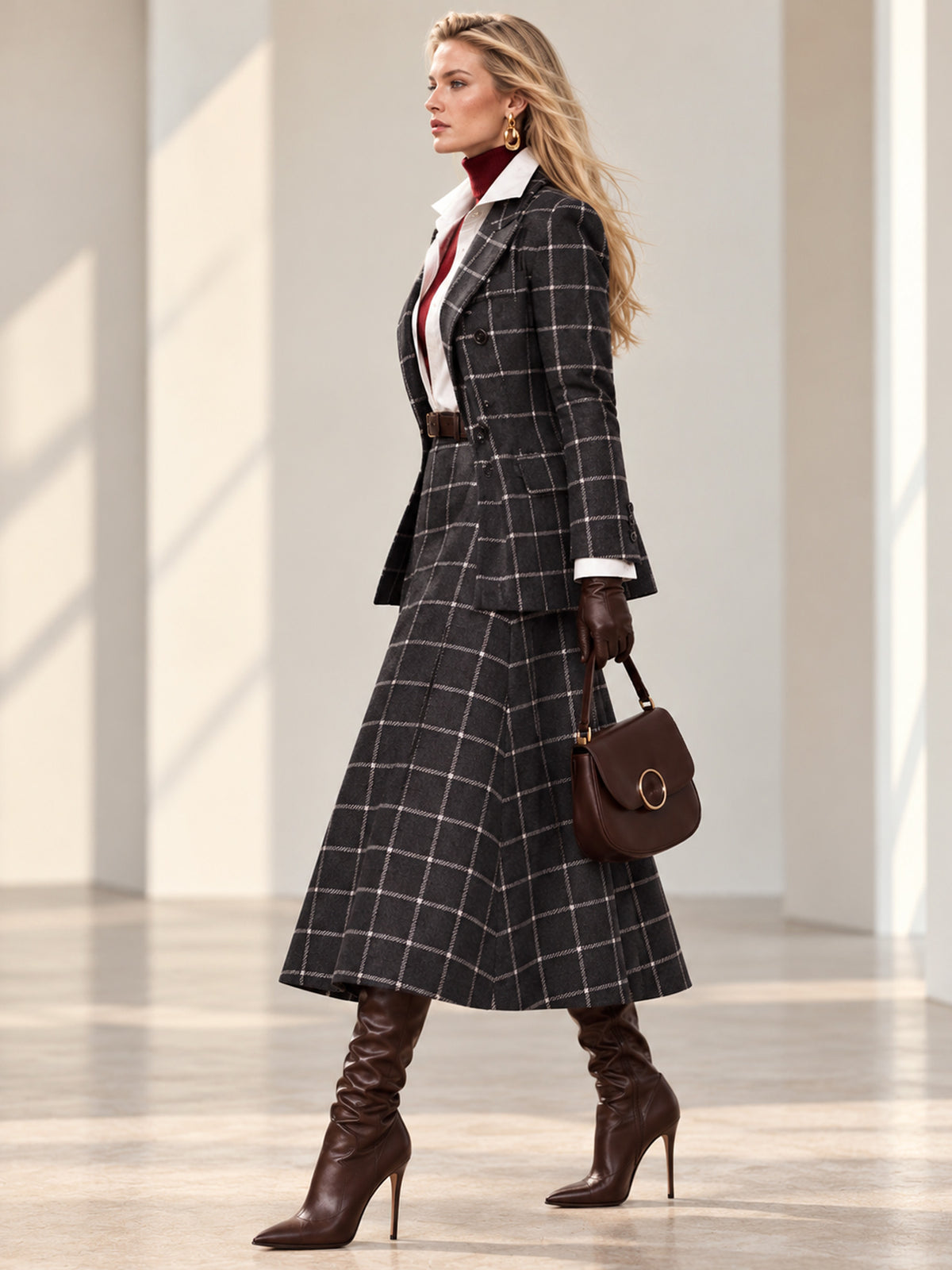 Blue White Plaid Blazer & Flared Midi Skirt 2-Piece Suit