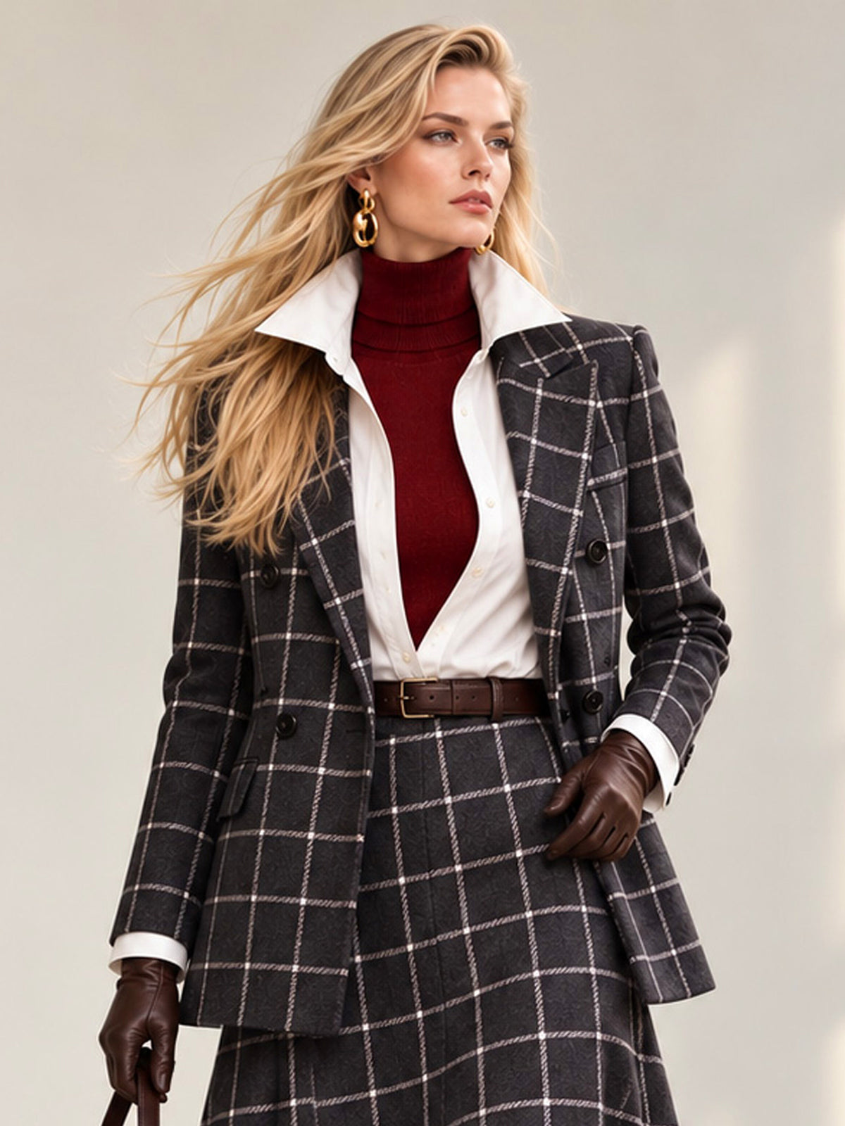 Blue White Plaid Blazer & Flared Midi Skirt 2-Piece Suit