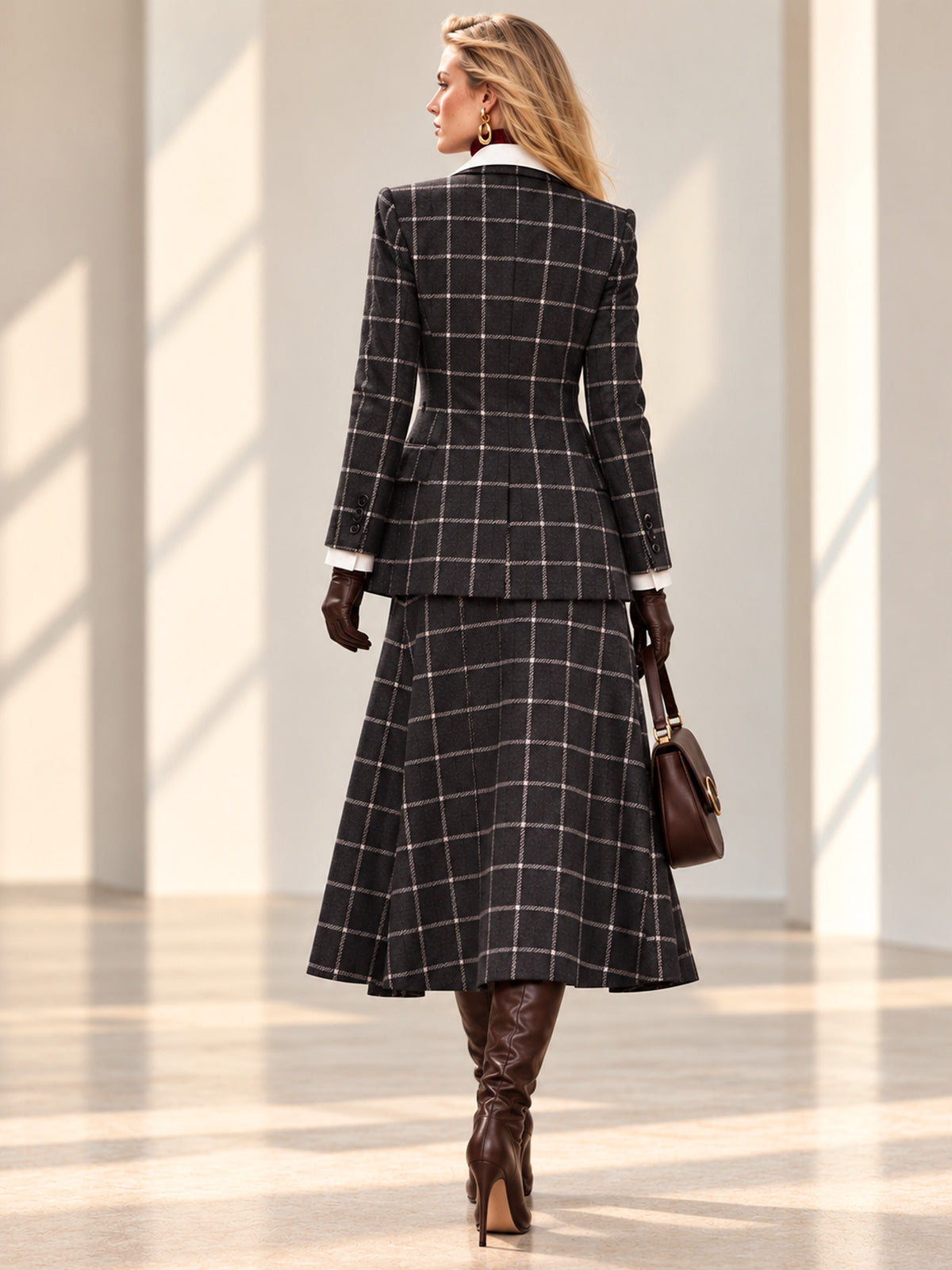 Blue White Plaid Blazer & Flared Midi Skirt 2-Piece Suit