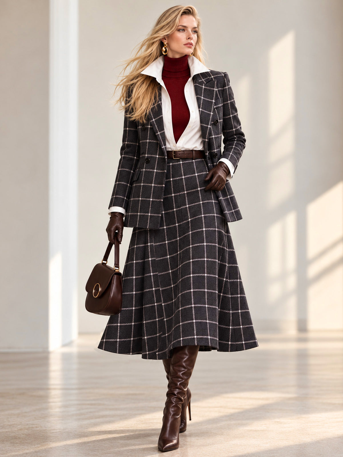 Blue White Plaid Blazer & Flared Midi Skirt 2-Piece Suit